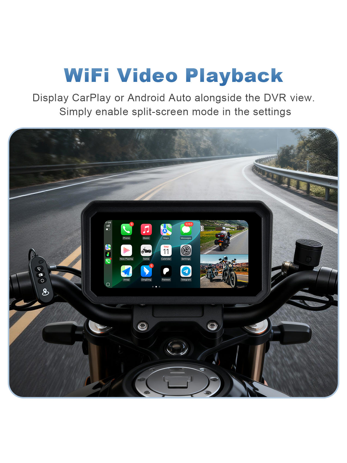 Linkifun MT9B-DVR motorcycle navigation screen displaying wireless CarPlay or Android Auto alongside front and rear DVR camera views in split-screen mode