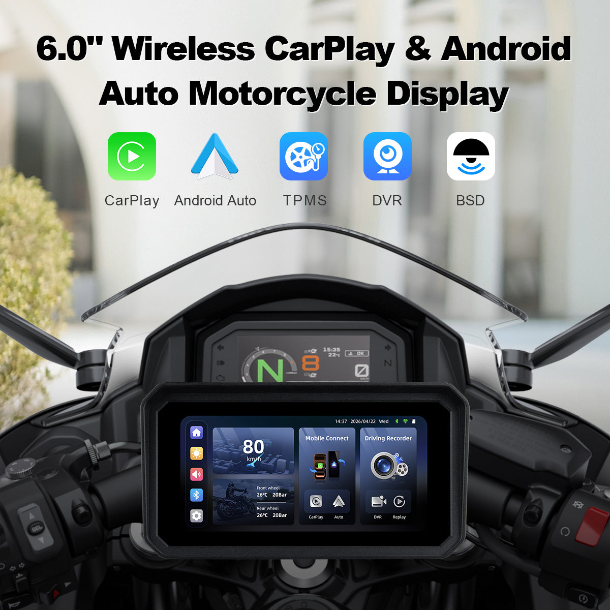Linkifun™ MT9B-DVR 6" Motorcycle Navigation Screen with Wireless CarPlay & Android Auto, Dual 1080P DVR, BSD, TPMS, IP67 Waterproof