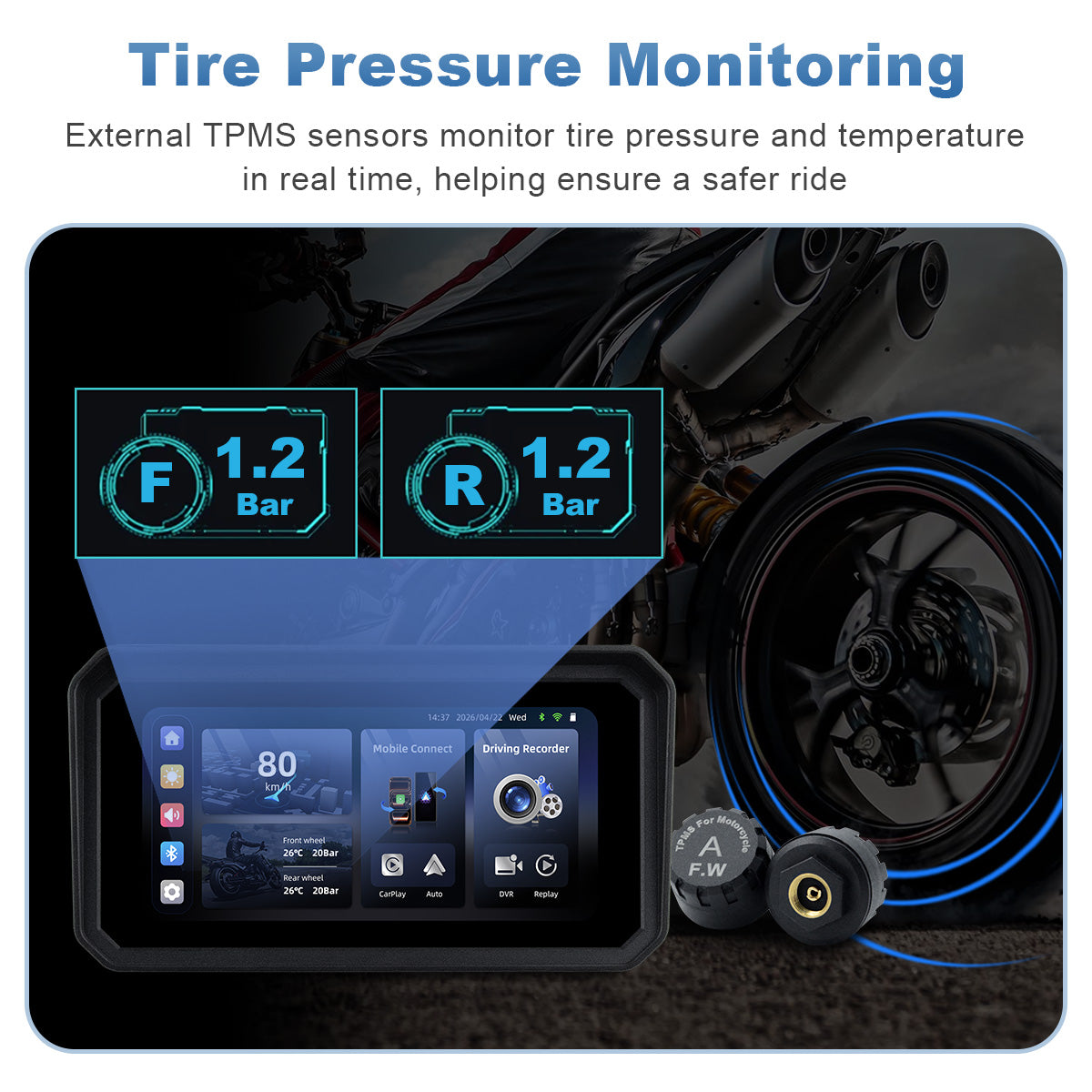 Linkifun™ MT9B-DVR 6" Motorcycle Navigation Screen with Wireless CarPlay & Android Auto, Dual 1080P DVR, BSD, TPMS, IP67 Waterproof