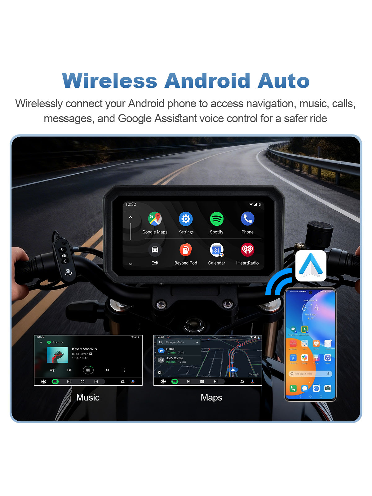 Linkifun MT9B-DVR motorcycle navigation screen with wireless Android Auto for Google Maps, music, calls, notifications, and Google Assistant