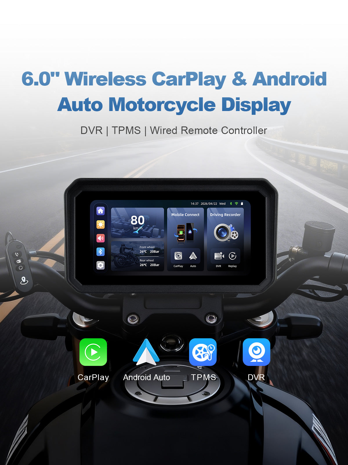 Linkifun MT9C-DVR 6-inch motorcycle display featuring wireless Apple CarPlay, Android Auto, dual 1080P DVR cameras, and optional TPMS.