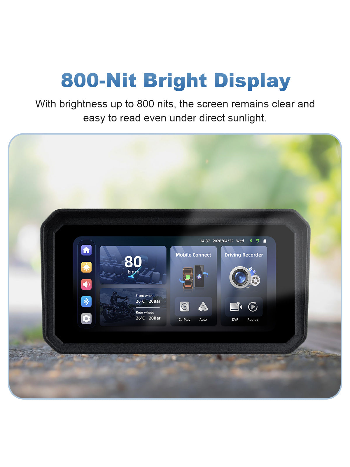 Linkifun MT9C-DVR 6-inch motorcycle navigation screen with an 800-nit bright display for clear viewing of navigation, DVR footage, and riding information.