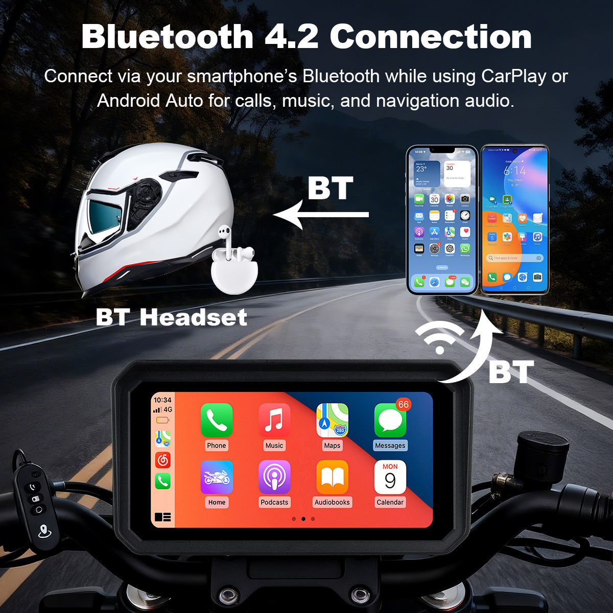 Linkifun™ MT9C-DVR 6" Motorcycle Navigation Screen with Wireless CarPlay & Android Auto, Dual 1080P DVR, TPMS, IP67 Waterproof