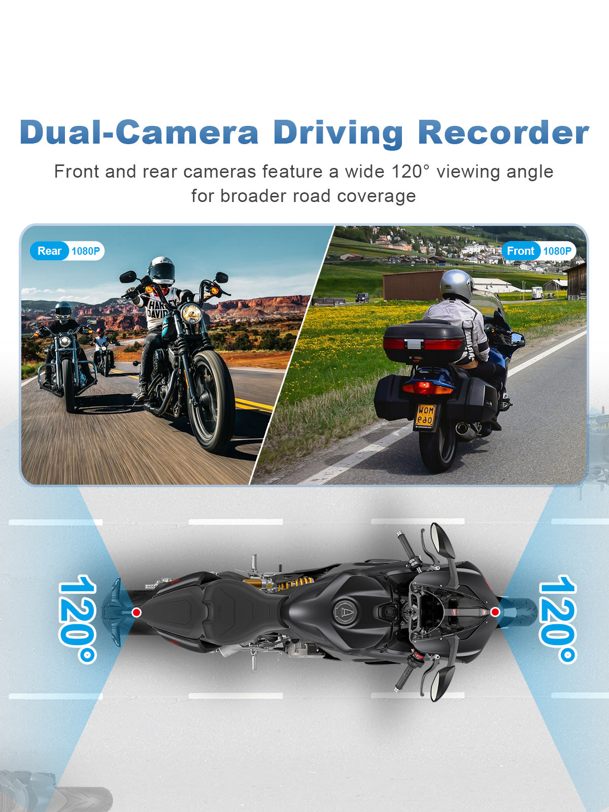 Linkifun MT9C-DVR motorcycle navigation screen with front and rear 1080P cameras and a 120-degree wide viewing angle.