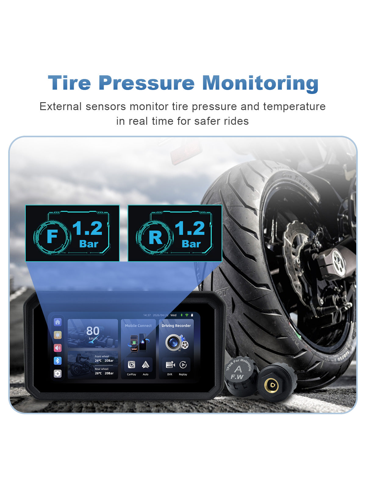 Linkifun MT9C-DVR motorcycle navigation screen with two external TPMS sensors for real-time front and rear tire pressure and temperature monitoring.