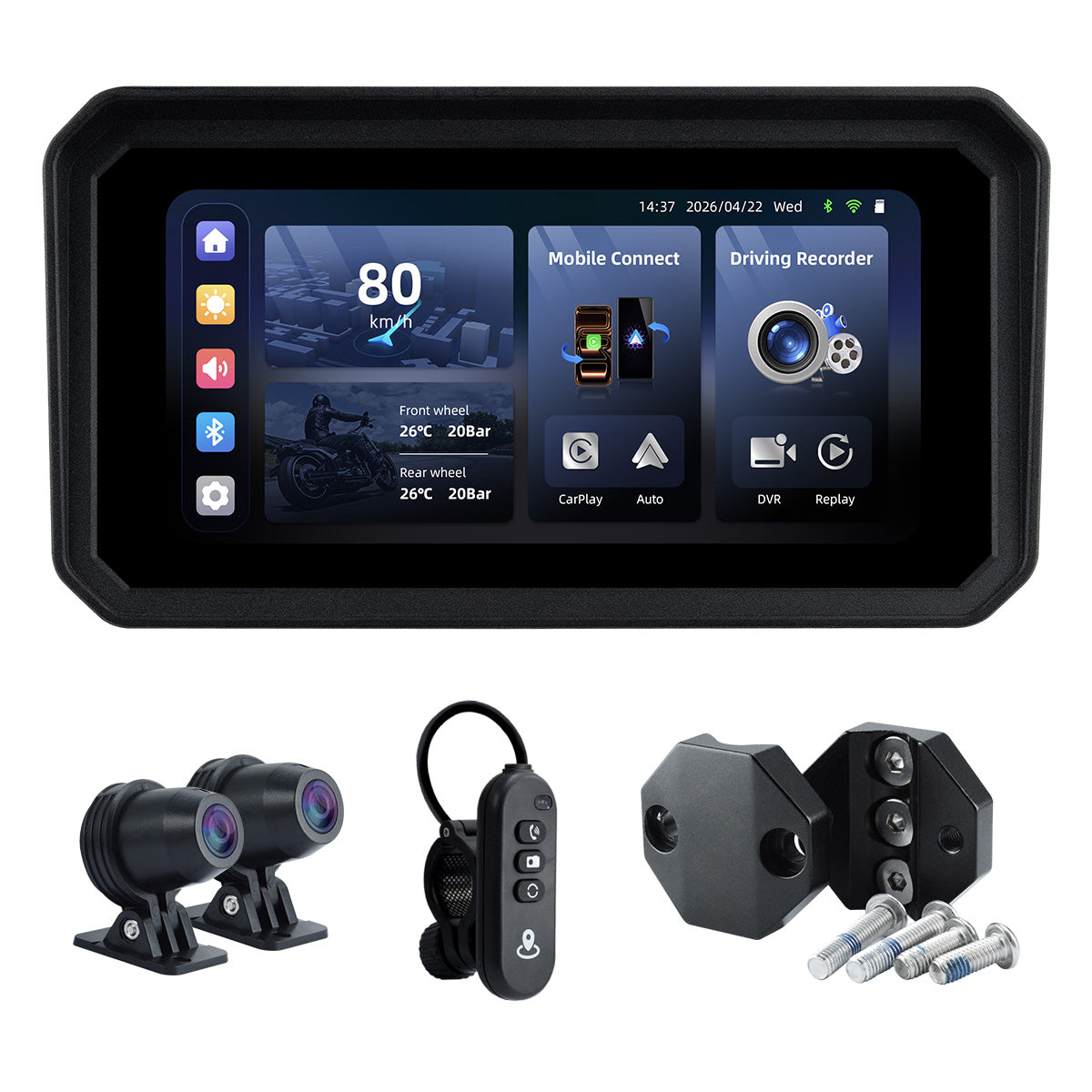 Linkifun™ MT9C-DVR 6" Motorcycle Navigation Screen with Wireless CarPlay & Android Auto, Dual 1080P DVR, TPMS, IP67 Waterproof