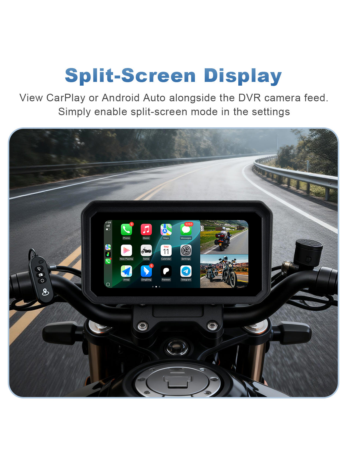 Linkifun MT9C-DVR motorcycle navigation screen displaying wireless Apple CarPlay and front and rear DVR camera views in split-screen mode.
