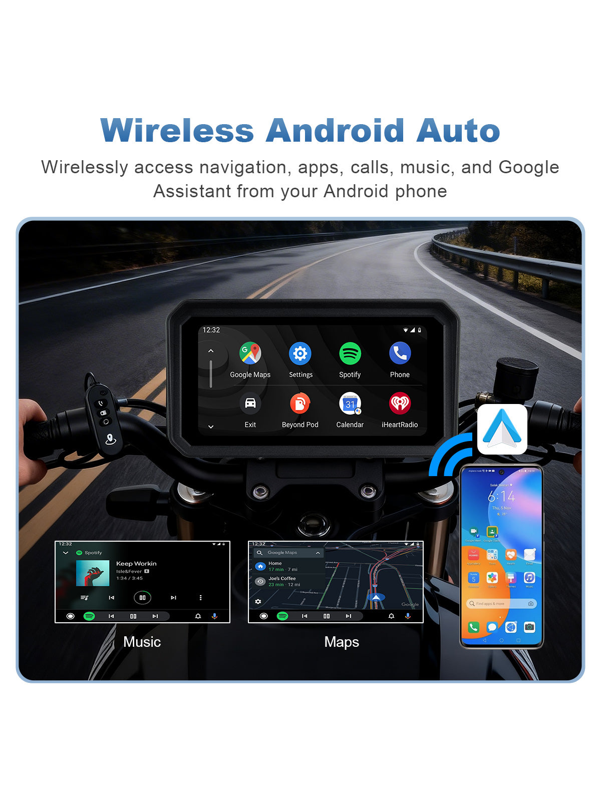 Linkifun MT9C-DVR motorcycle navigation screen with wireless Android Auto for Google Maps, music, calls, messages, and Google Assistant.