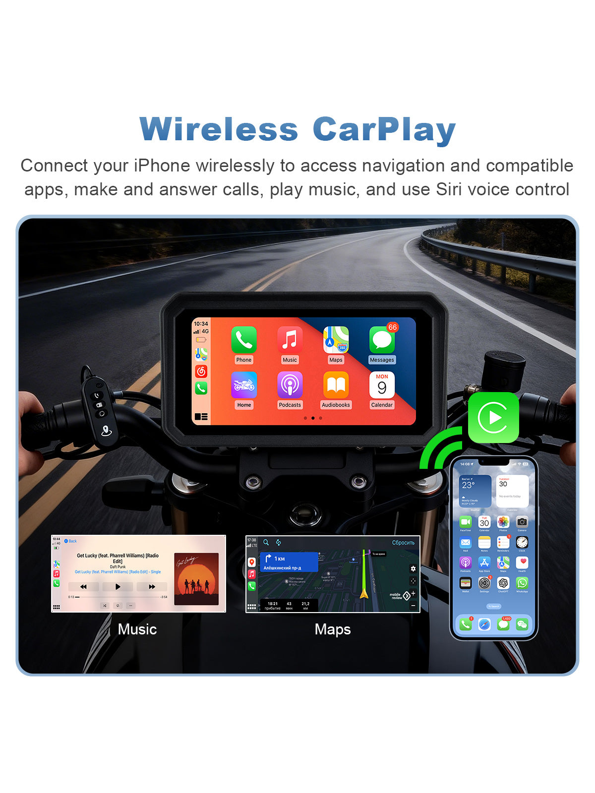 Linkifun MT9C-DVR motorcycle navigation screen with wireless Apple CarPlay for navigation, music, calls, messages, and Siri.