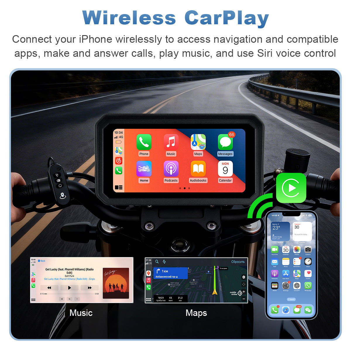 Linkifun™ MT9C-DVR 6" Motorcycle Navigation Screen with Wireless CarPlay & Android Auto, Dual 1080P DVR, TPMS, IP67 Waterproof
