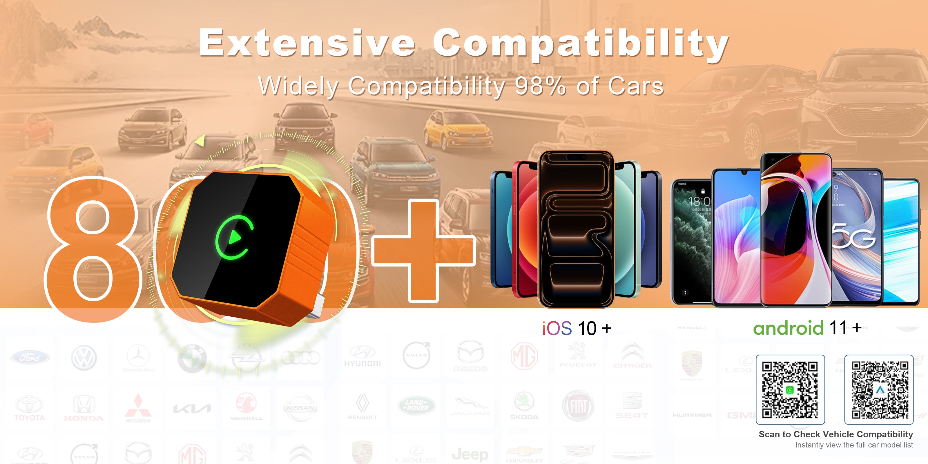 Linkifun RGB Go Wireless CarPlay and Android Auto Adapter desktop view compatible with 800+ car models and most smartphones with factory-wired CarPlay or Android Auto