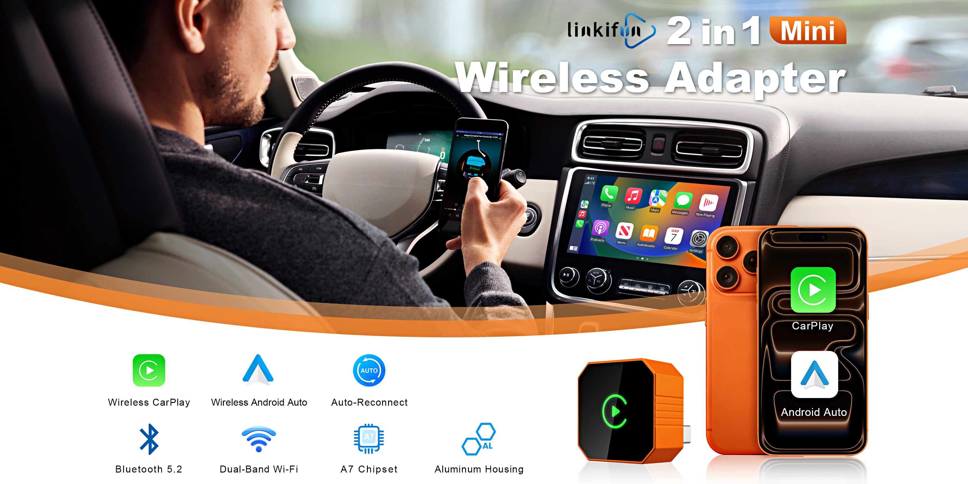 Linkifun RGB GO wireless CarPlay and Android Auto adapter feature overview on desktop