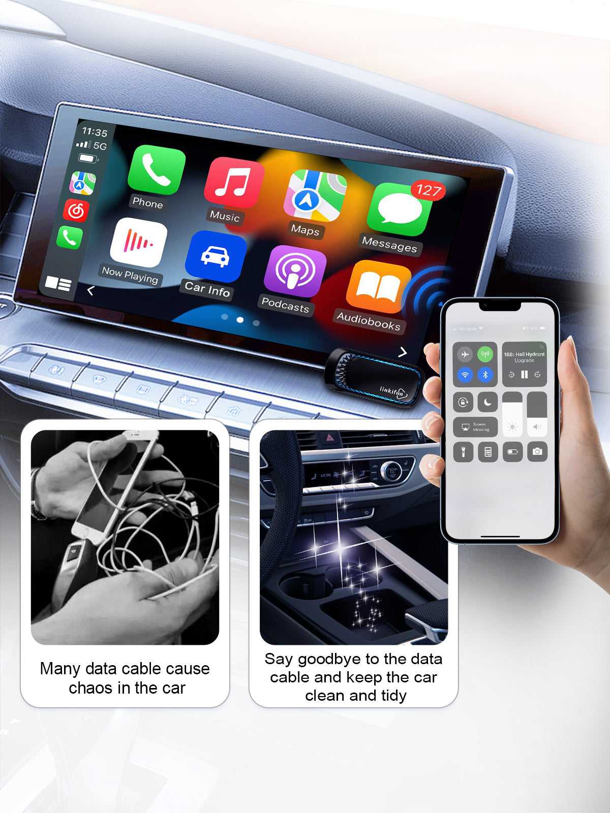 Linkifun RGB Mini Wireless CarPlay and Android Auto Adapter with cable-free wireless convenience for a cleaner dashboard and hassle-free driving