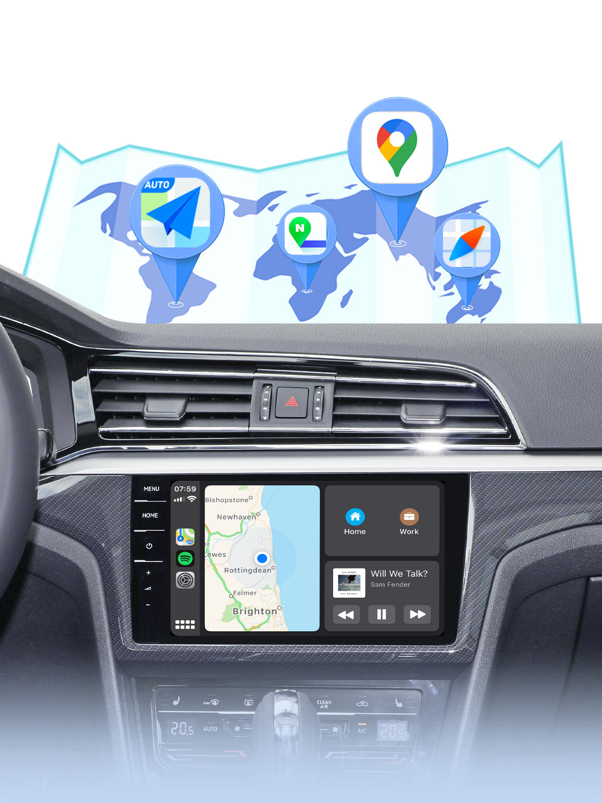 Linkifun RGB Mini Wireless CarPlay and Android Auto Adapter with HD map navigation using Google Maps, Waze, and Apple Maps on the car’s large display