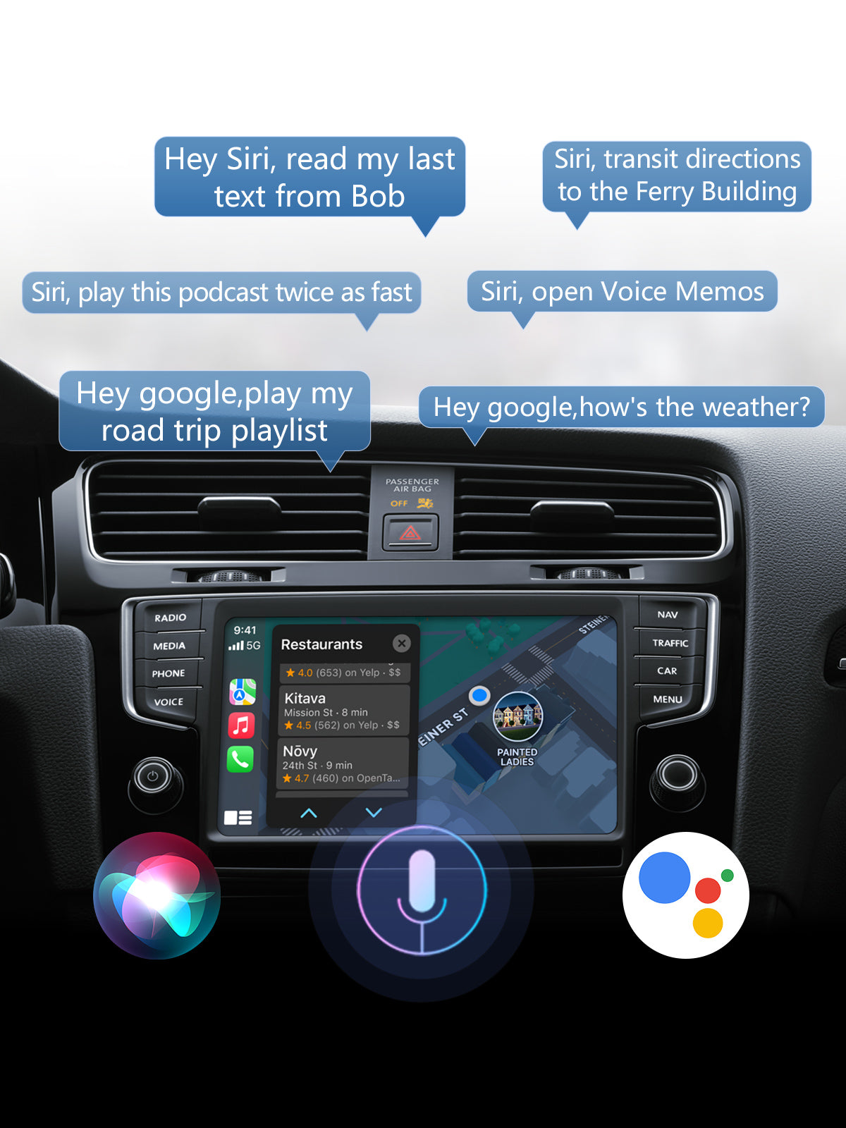 Linkifun RGB Mini Wireless CarPlay and Android Auto Adapter with enhanced voice command support for Hey Siri and Hey Google to control navigation, calls, texts, and music hands-free