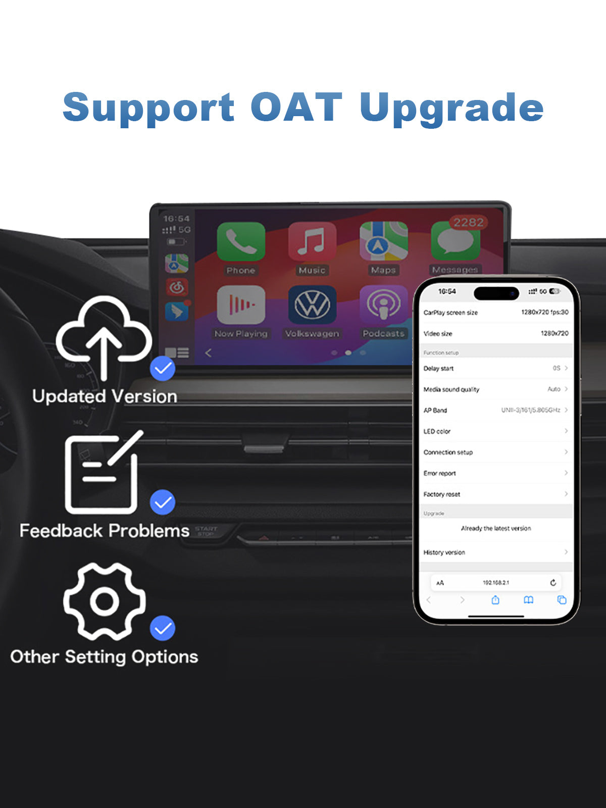 Linkifun RGB Mini Wireless CarPlay and Android Auto Adapter with easy online updates, issue reporting, and LED light customizations via Bluetooth or WiFi