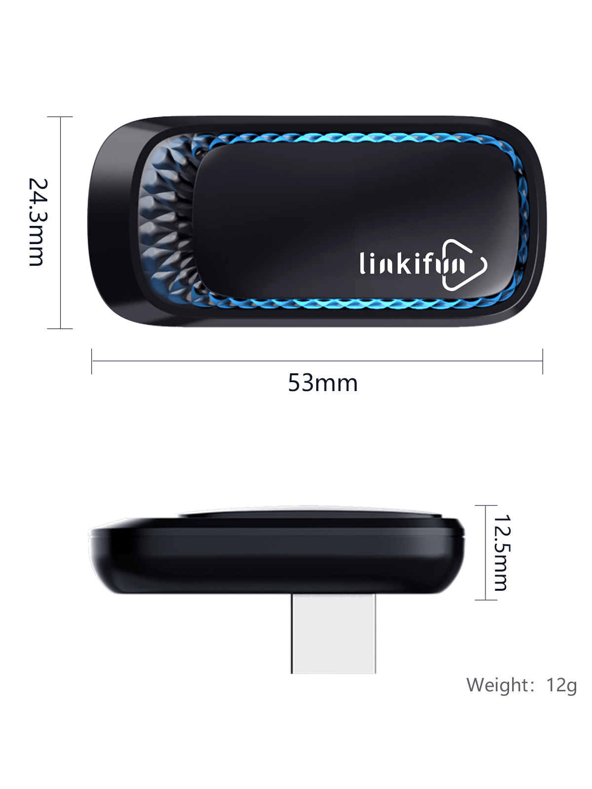 Linkifun RGB Mini Wireless CarPlay and Android Auto Adapter desktop view showing detailed product parameters and specifications