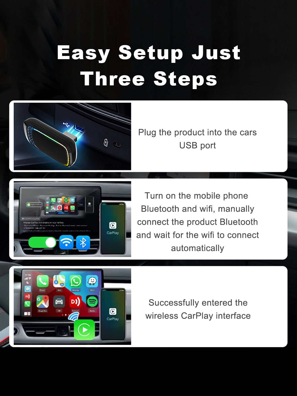 Linkifun RGB Mini Wireless CarPlay and Android Auto Adapter with quick three-step wireless setup for fast and effortless connection