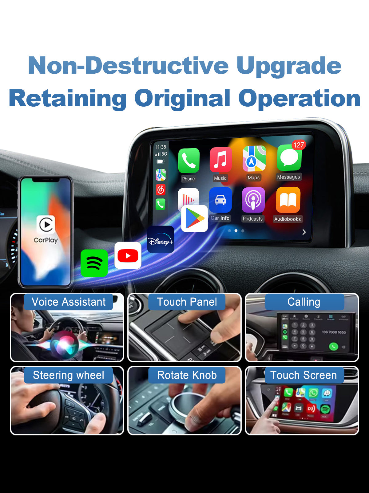 Linkifun RGB Mini Wireless CarPlay and Android Auto Adapter with seamless upgrade while keeping original car controls including voice assistant, steering wheel, rotary knob, and touchscreen