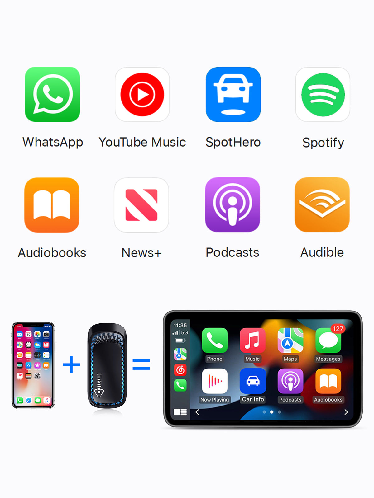 Linkifun RGB Mini Wireless CarPlay and Android Auto Adapter with wireless CarPlay connection for navigation, voice calls, and music streaming