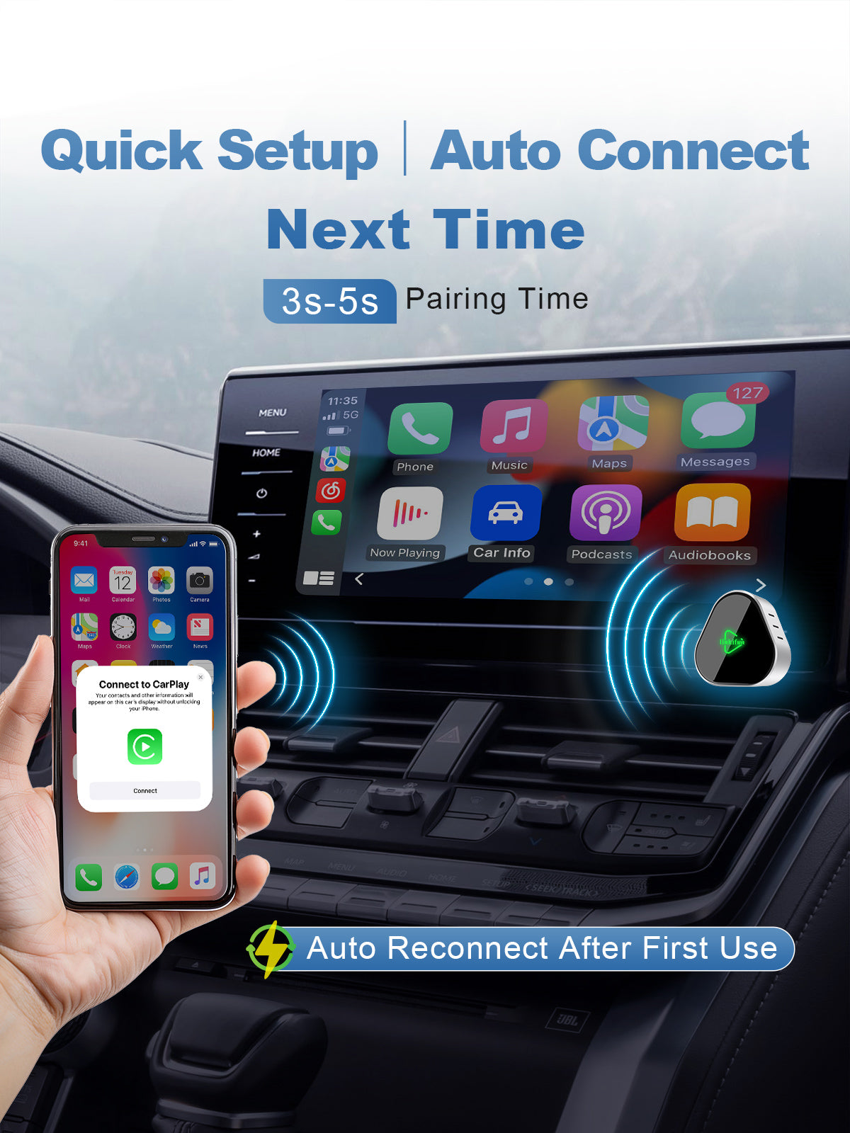 Linkifun RGB Nano Wireless CarPlay and Android Auto Adapter with quick setup in seconds and automatic reconnection for fast wireless CarPlay and Android Auto