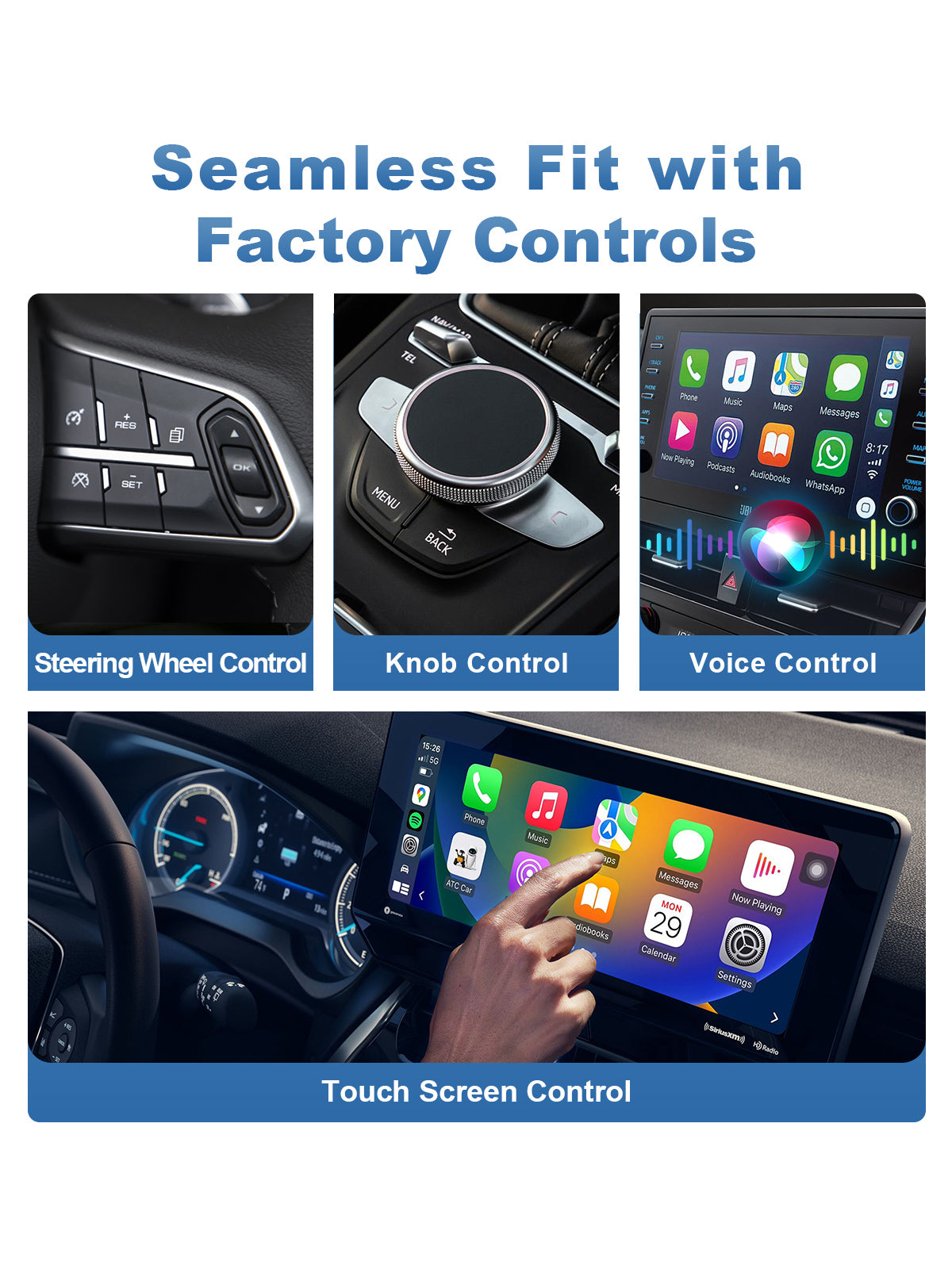 Linkifun RGB Nano Wireless CarPlay and Android Auto Adapter with seamless integration supporting steering wheel buttons, voice commands, rotary knobs, and touchscreen controls