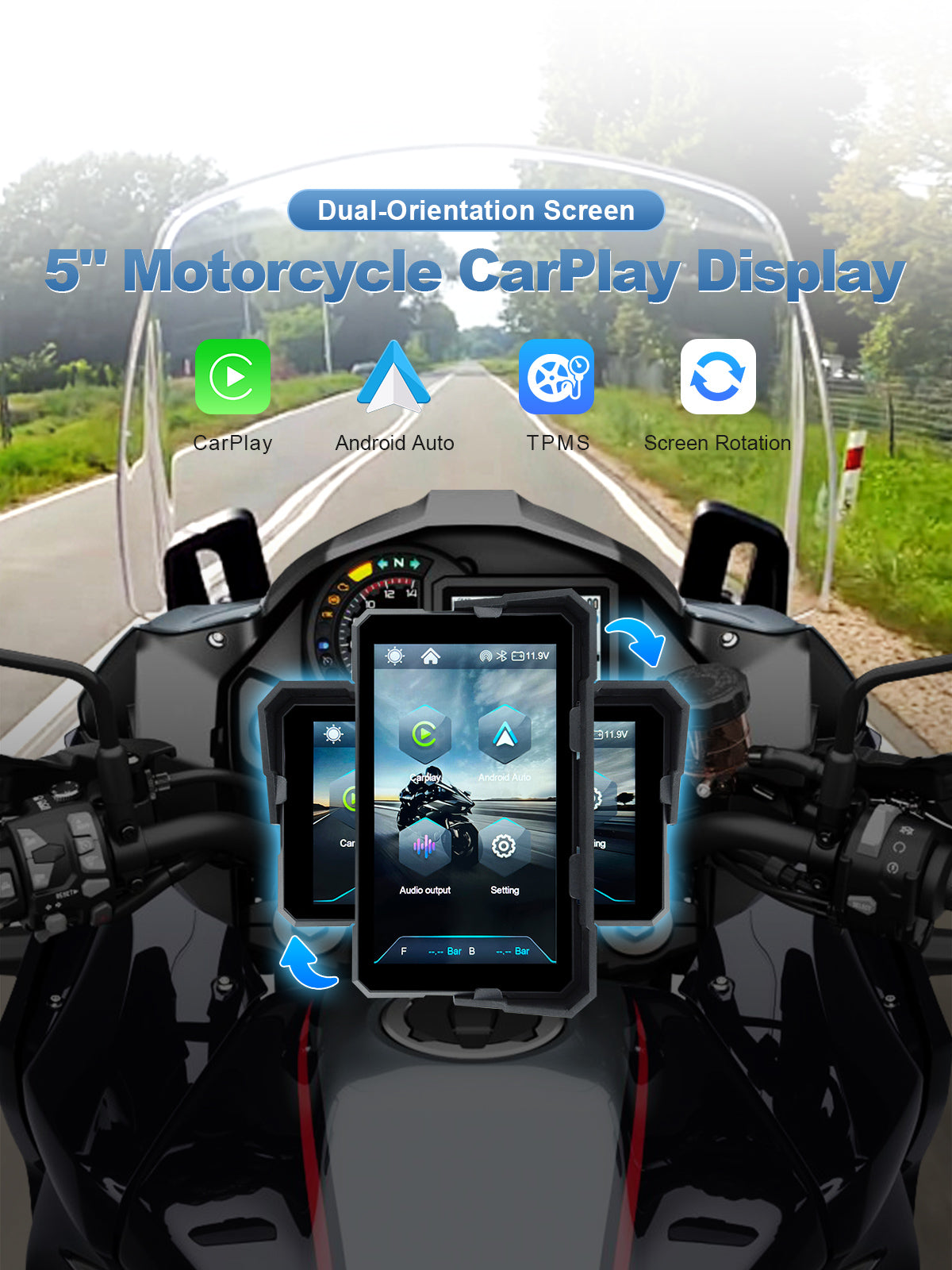Linkifun V5 5 inch motorcycle display with portrait and landscape screen rotation, Wireless CarPlay, Android Auto and optional TPMS