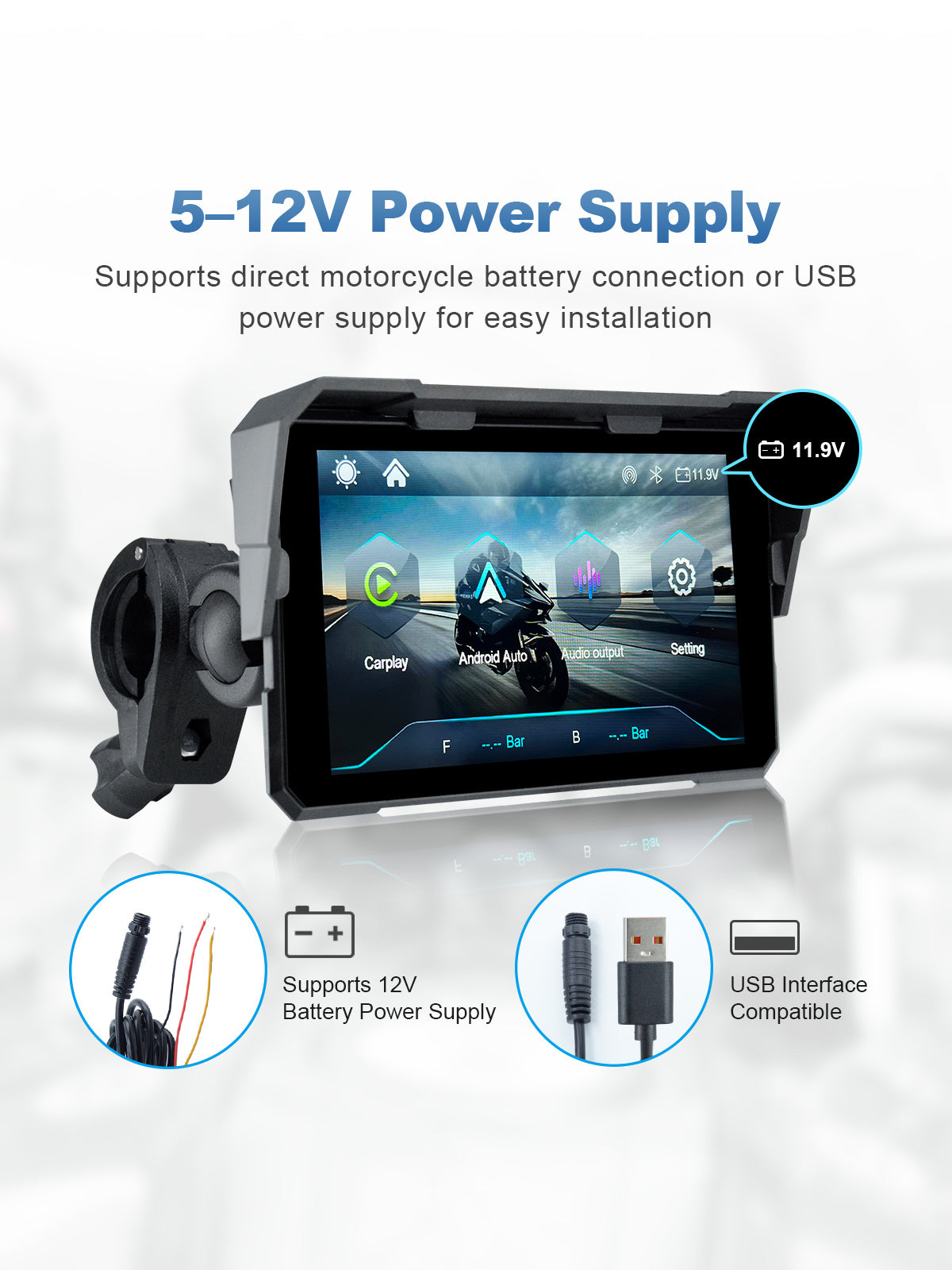 Linkifun V5 5 inch motorcycle display supporting 5-12V motorcycle battery and USB power connection for flexible installation