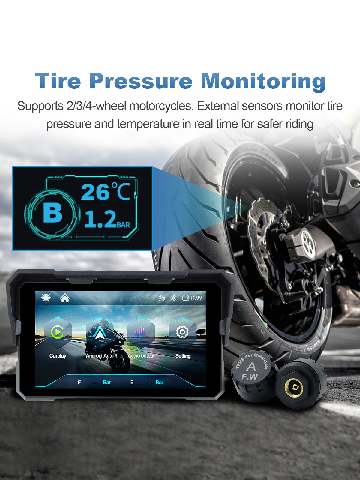 Linkifun V5 5 inch motorcycle display with optional TPMS for real-time tire pressure and temperature monitoring