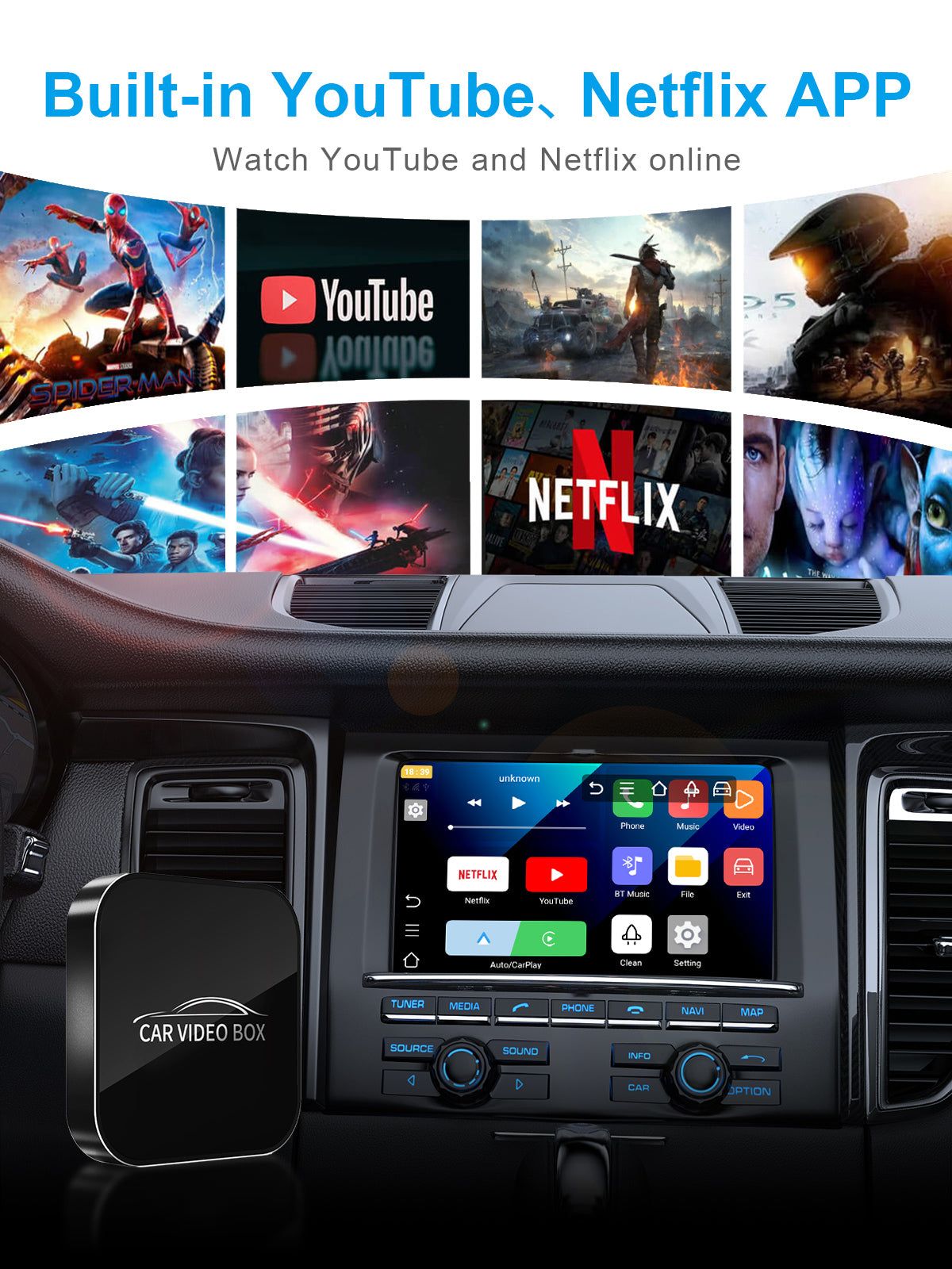 Linkifun Y2 Mini Wireless CarPlay Android Auto Video Box with built-in YouTube and Netflix apps for seamless in-car video streaming and entertainment