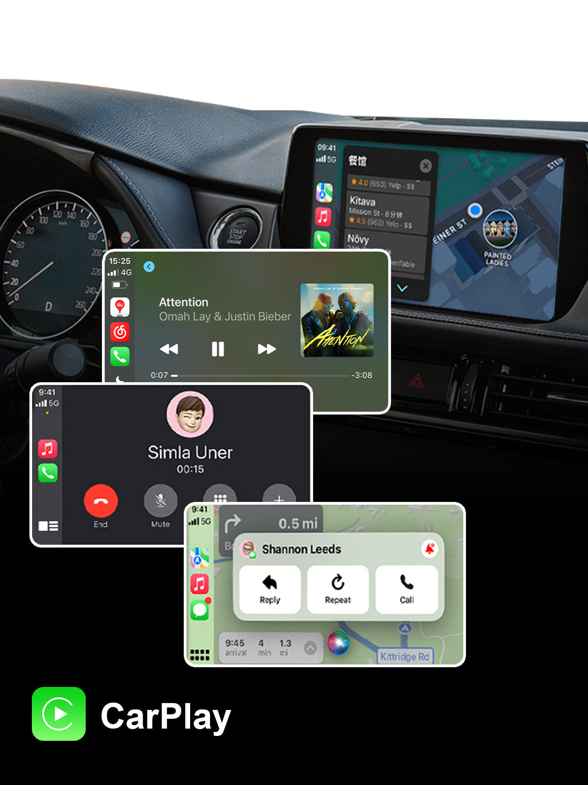 Linkifun Y2 Mini Wireless CarPlay Android Auto Video Box showing wireless CarPlay connection for iPhone with navigation and music support