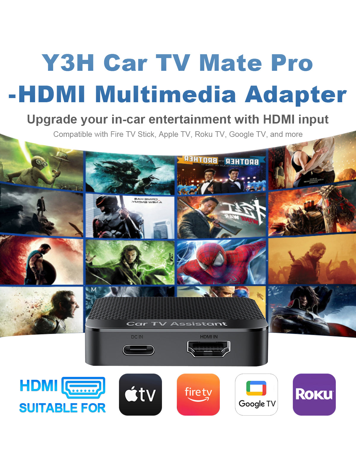 Linkifun Y3H Car TV Mate Pro 2-in-1 HDMI adapter connecting Fire TV Stick, Google TV Stick, Apple TV, and Roku TV to car screen for streaming movies, shows, and games