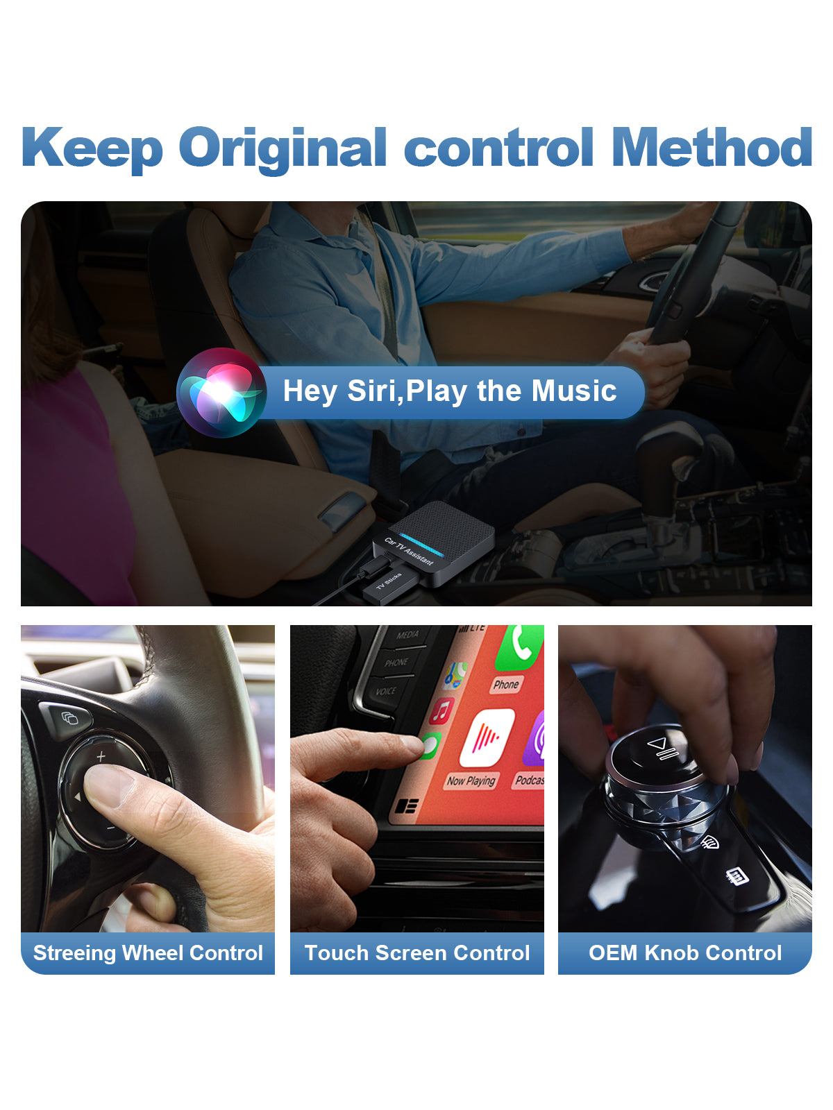 Linkifun Y3H Car TV Mate Pro wireless CarPlay adapter retaining original car controls including steering wheel, touchscreen, and knobs for seamless and familiar driving experience