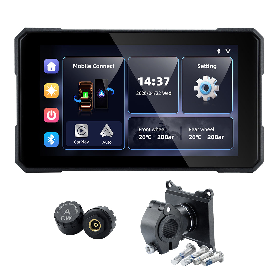 Linkifun™ MT15A 5インチ スマートバイクナビゲーションディスプレイ – ワイヤレスCarPlay & Android Auto、縦向き/横向き回転、Bluetoothシングル接続、オプションのTPMS、バッテリー&USB給電
