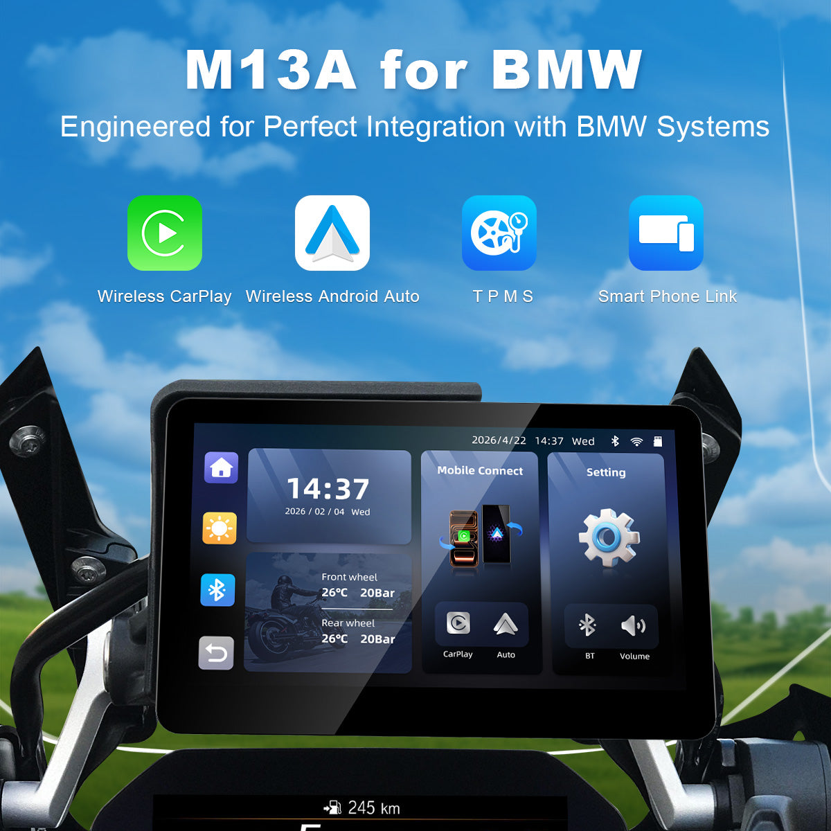 Linkifun™ MT13A 6.2" Motorcycle Display for BMW with OEM Bracket, Wireless CarPlay & Android Auto, Optional TPMS, GPS, IP67 Waterproof