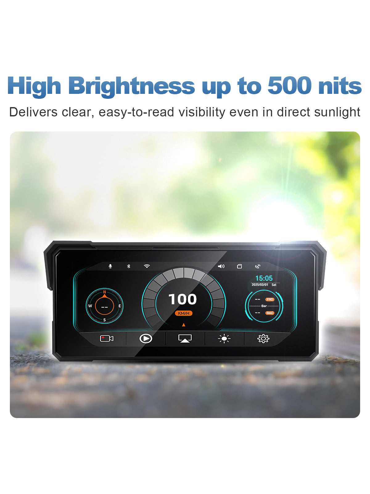 Motorcycle display with 800-nit high-brightness screen for clear visibility under direct sunlight during daytime riding.