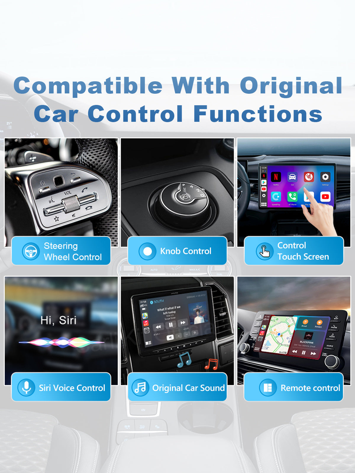 The G4 Android 11 Smart AI Box displayed in a car, highlighting its compatibility with existing wired CarPlay apps and car controls for a seamless driving experience.