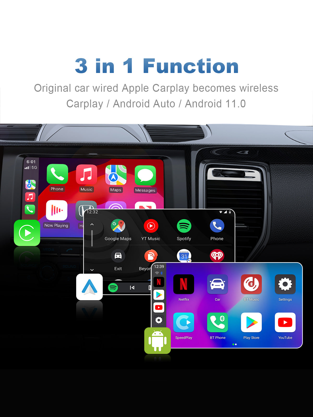G4 Android 11 Smart AI Box mounted in a car, showing wireless CarPlay and Android Auto connectivity.