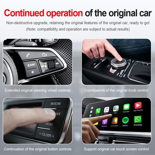 GT7 device integrated into a car's system, highlighting the seamless use of original steering wheel, knob, and touchscreen controls.