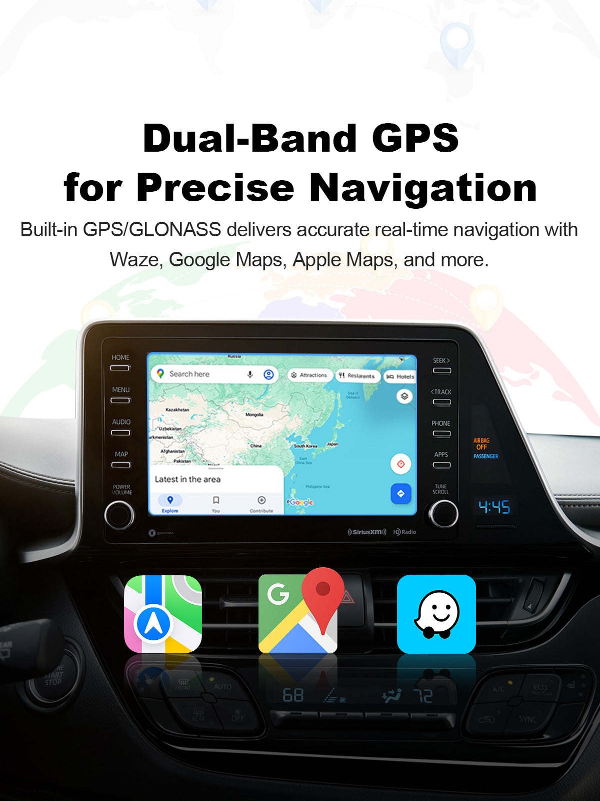 Linkifun GT8D Android 15 Smart AI Box with dual-band GPS, GLONASS, BeiDou, and Galileo positioning for accurate real-time navigation with Google Maps, Waze, and Apple Maps.
