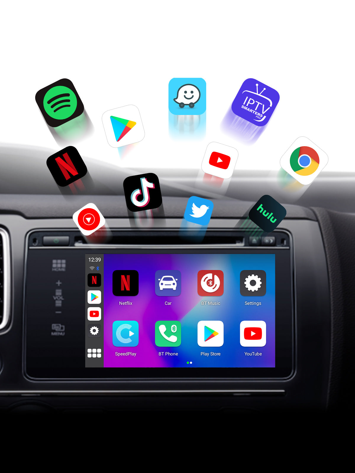 Display showing the Google Play Store on the G4 Android 11 Smart AI Box, with a selection of apps available for download in a car's dashboard.