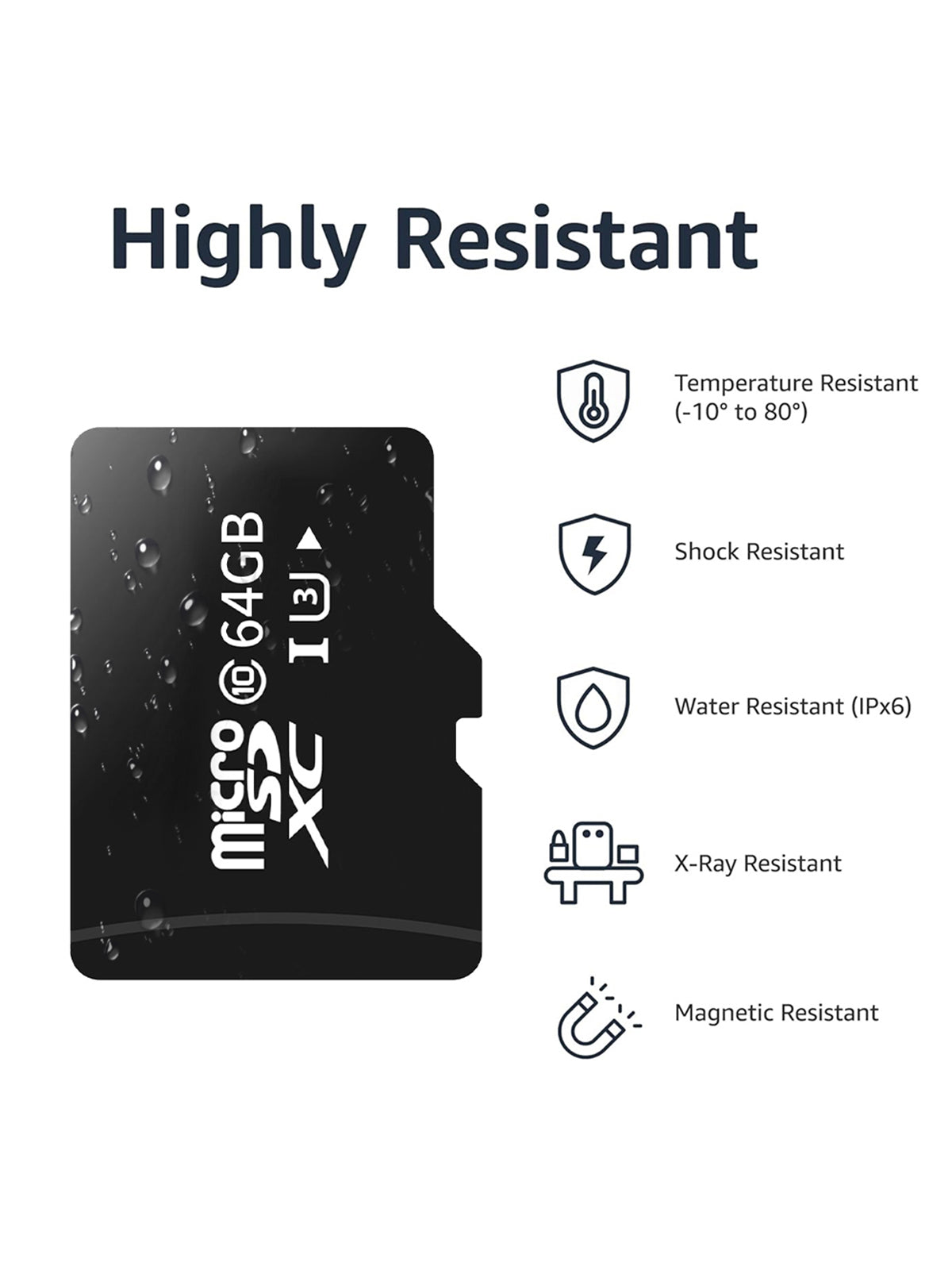 Linkifun 64GB MicroSDXC memory card and reader device with lasting reliability features including shockproof, IPX6 waterproof, temperature-proof from -10 to 80 degrees, X-Ray-proof, and magnetic-proof protection