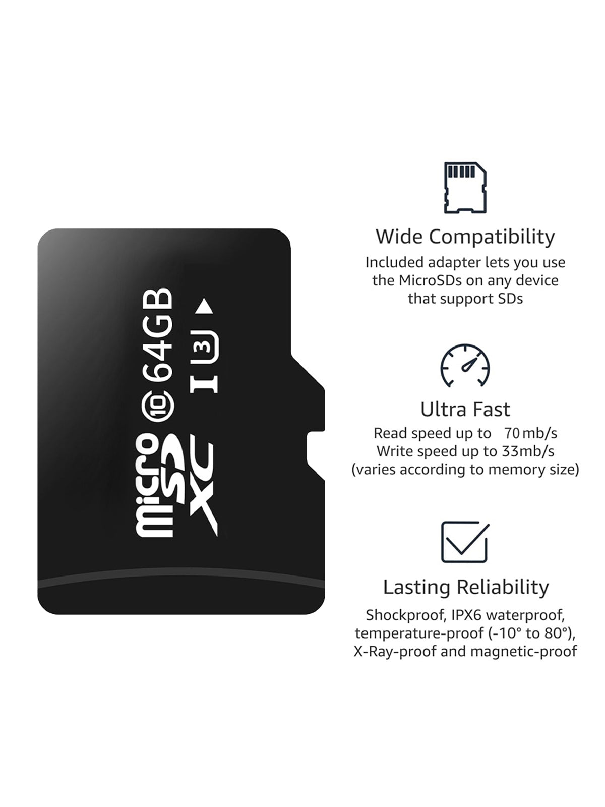 Linkifun 64GB MicroSDXC memory card and reader device with ultra-fast performance featuring read speeds up to 70MB/s and write speeds up to 33MB/s, UHS, U3, Class 10, and A2 speed class for optimized smartphone performance