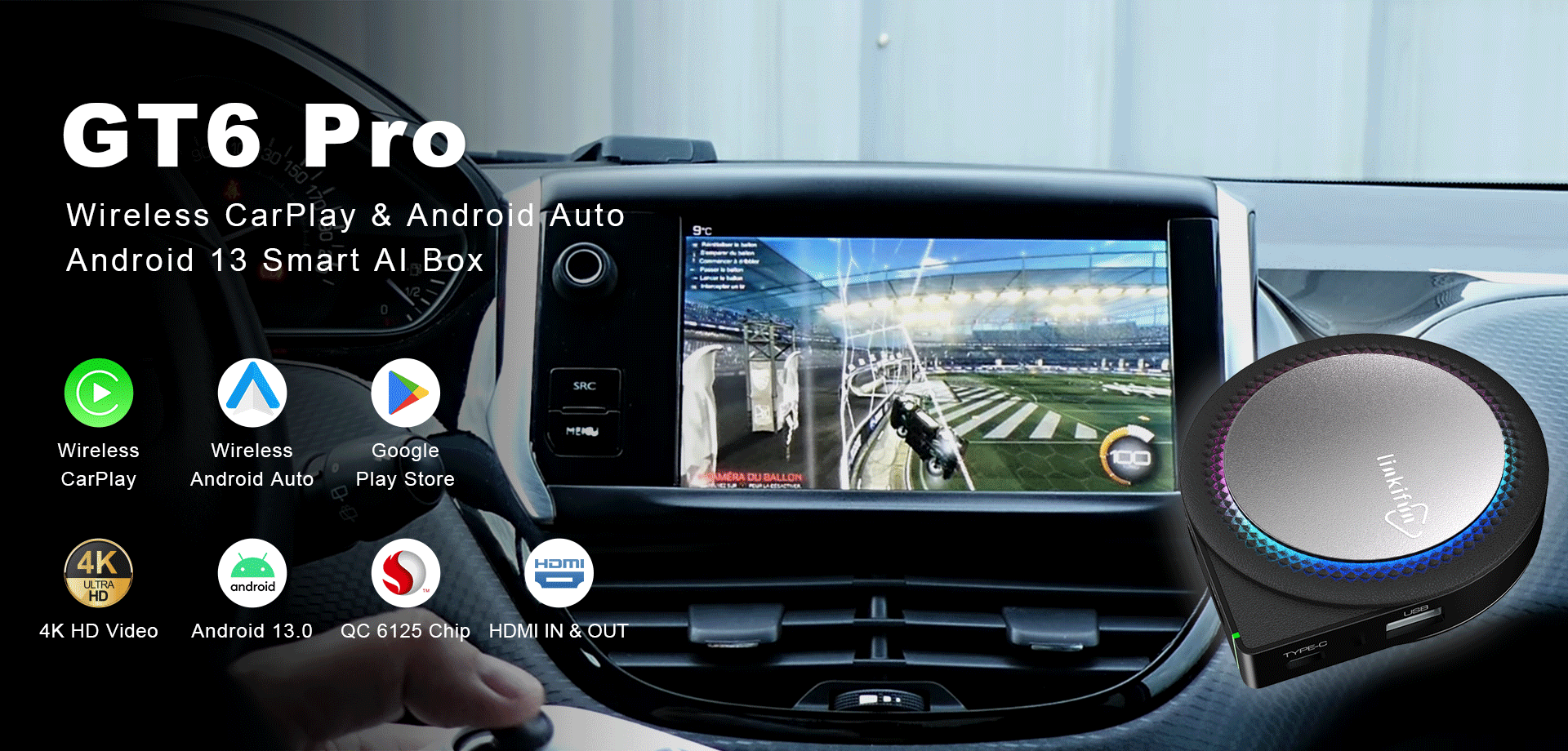 Linkifun GT6 Pro Android 13 Smart AI Box – wireless CarPlay and Android Auto adapter with smooth performance and sleek design