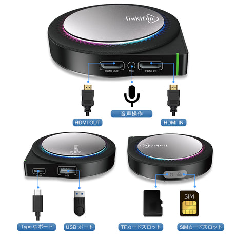 Multiple connectivity options including HDMI, MIC input, USB ports, TF card slot, and SIM card slot for flexible usage.

