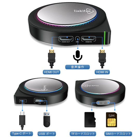 Multiple connectivity options including HDMI, MIC input, USB ports, TF card slot, and SIM card slot for flexible usage.
