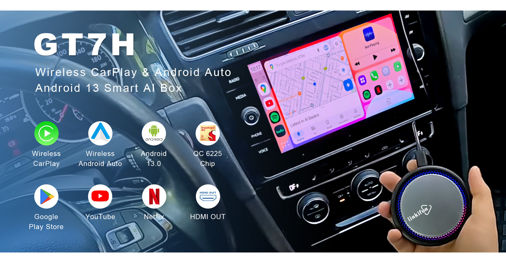 Linkifun GT7H Android 13 Smart AI Box with Wireless CarPlay and Android Auto adapter, featuring customizable ambient lighting – mobile homepage banner