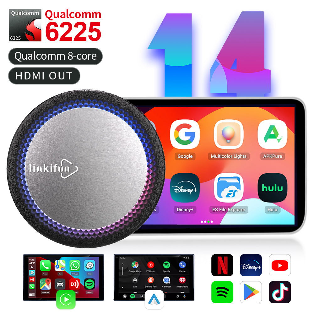 Linkifun™ GT7H Android 14 Smart AI Box Wireless CarPlay/Android Auto Adapter with Ambient Lighting and HDMI Out