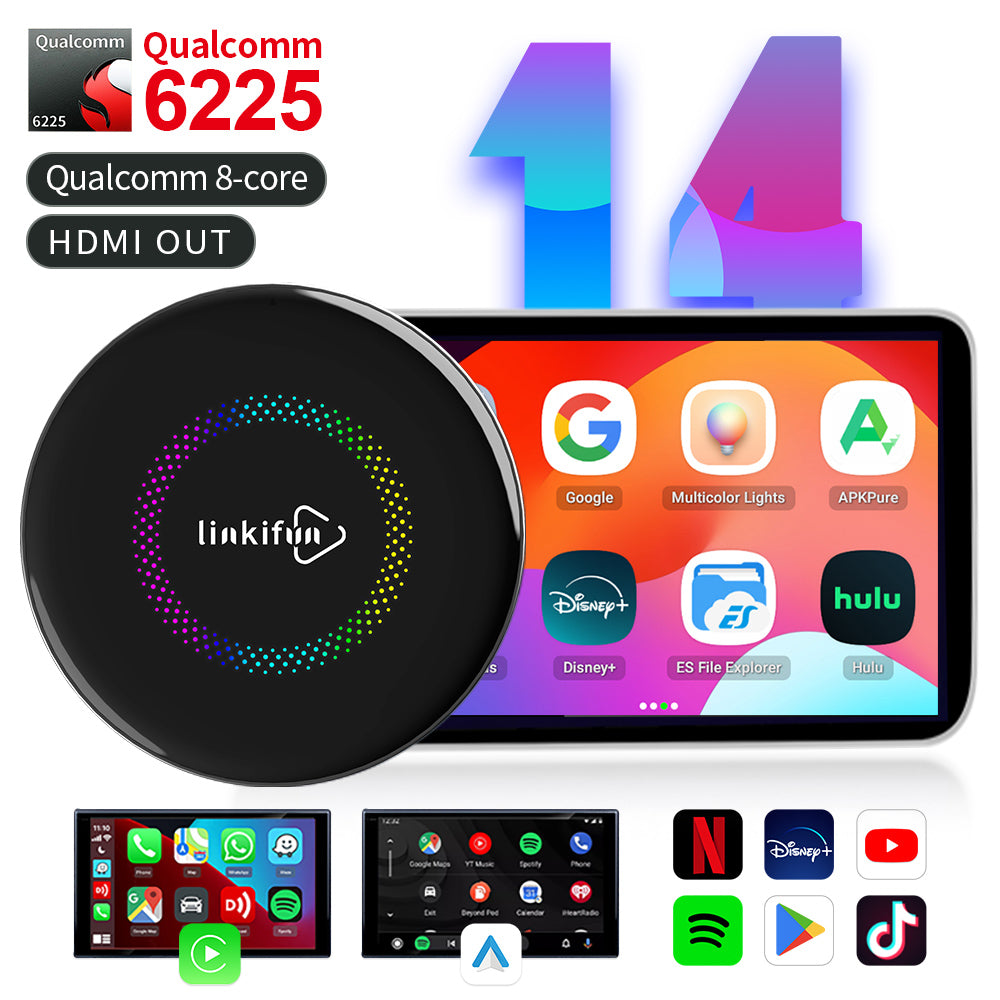 Linkifun™ GT7H Android 14 Smart AI Box Wireless CarPlay/Android Auto Adapter with Ambient Lighting and HDMI Out