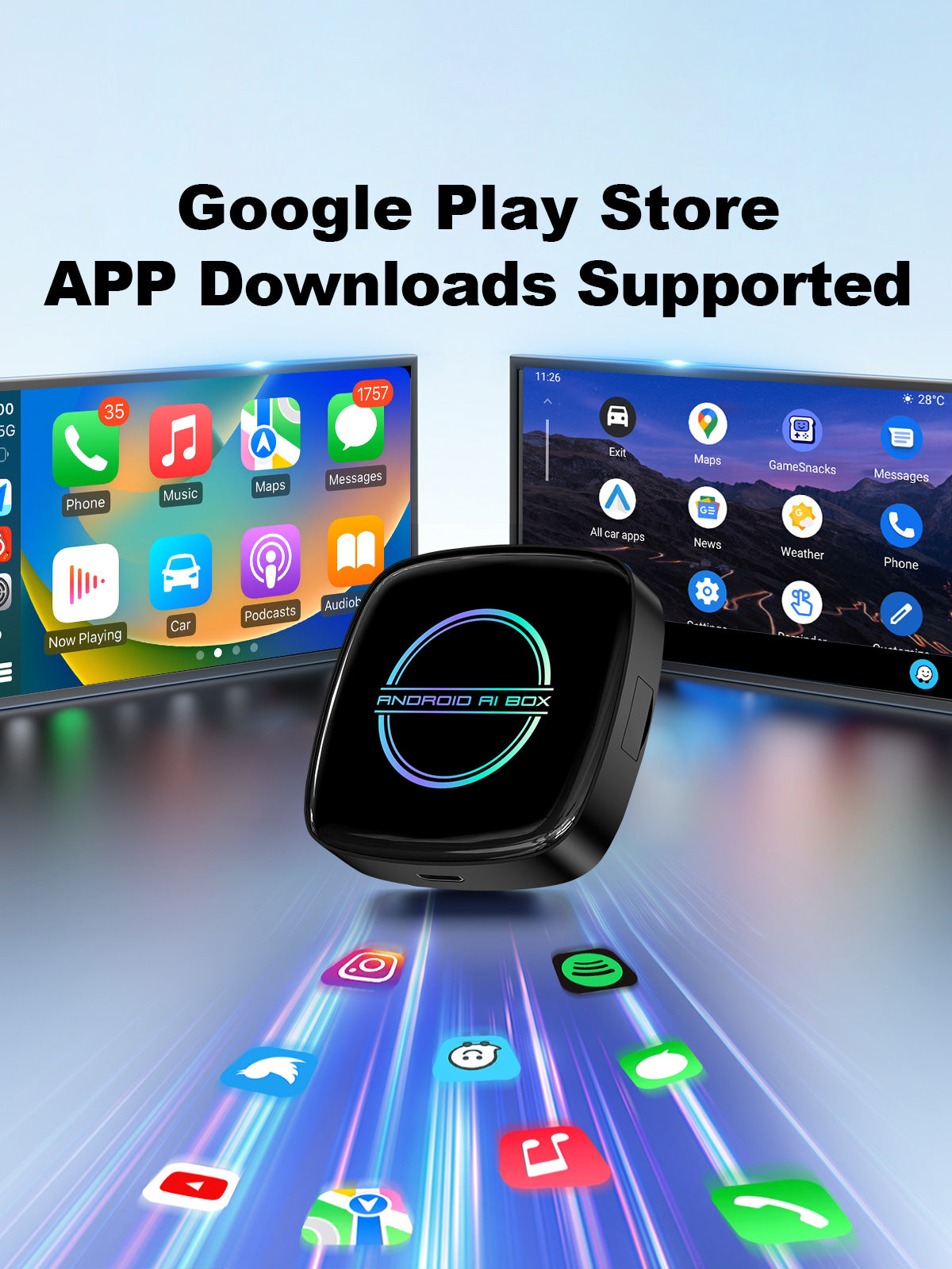 Linkifun GT8D Android 15 Smart AI Box with Google Play access for downloading thousands of apps, featuring HDMI Out support